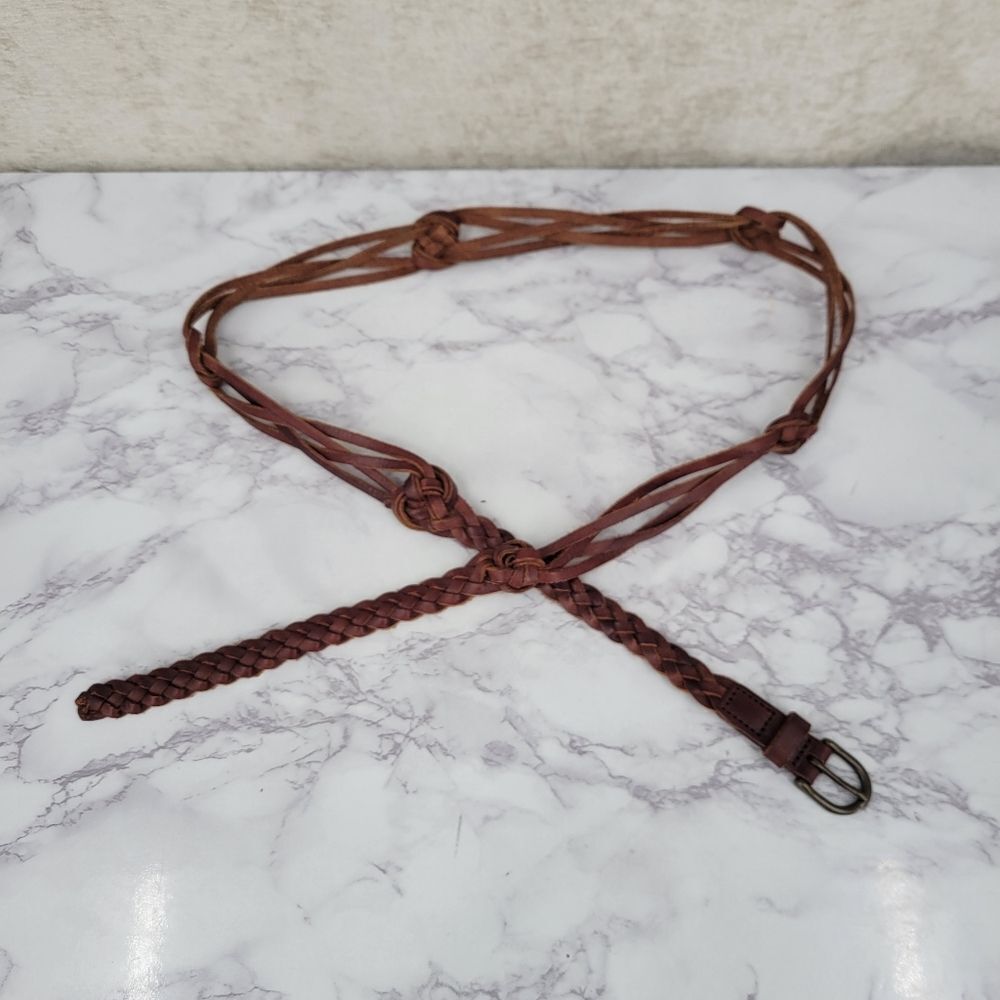 Vintage Plus Size Braided Brown Leather Belt Boho Waist 43-51"